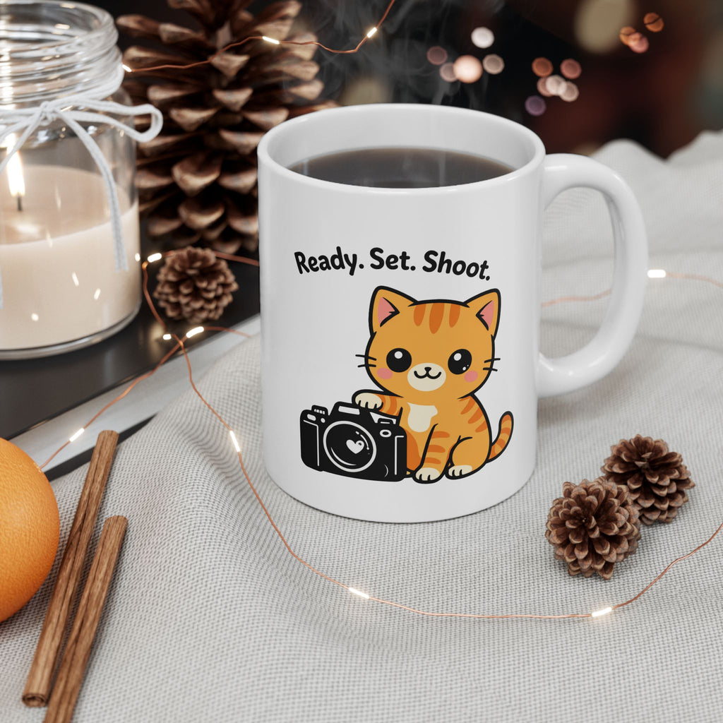 Cute Orange Kitten Ceramic Mug — "Ready. Set. Shoot" Coffee Cup (11oz, 15oz)