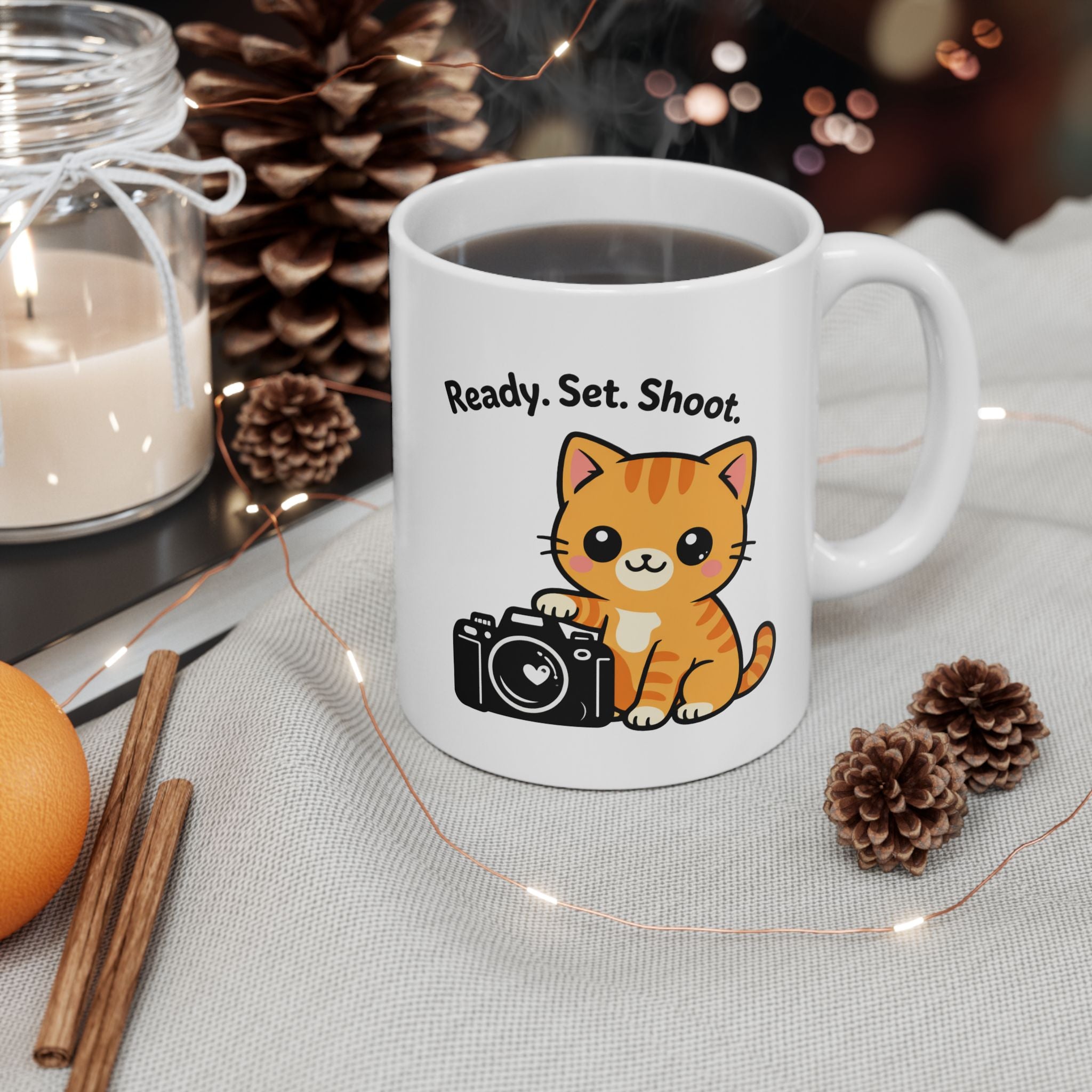 Cute Orange Kitten Ceramic Mug — "Ready. Set. Shoot" Coffee Cup (11oz, 15oz)