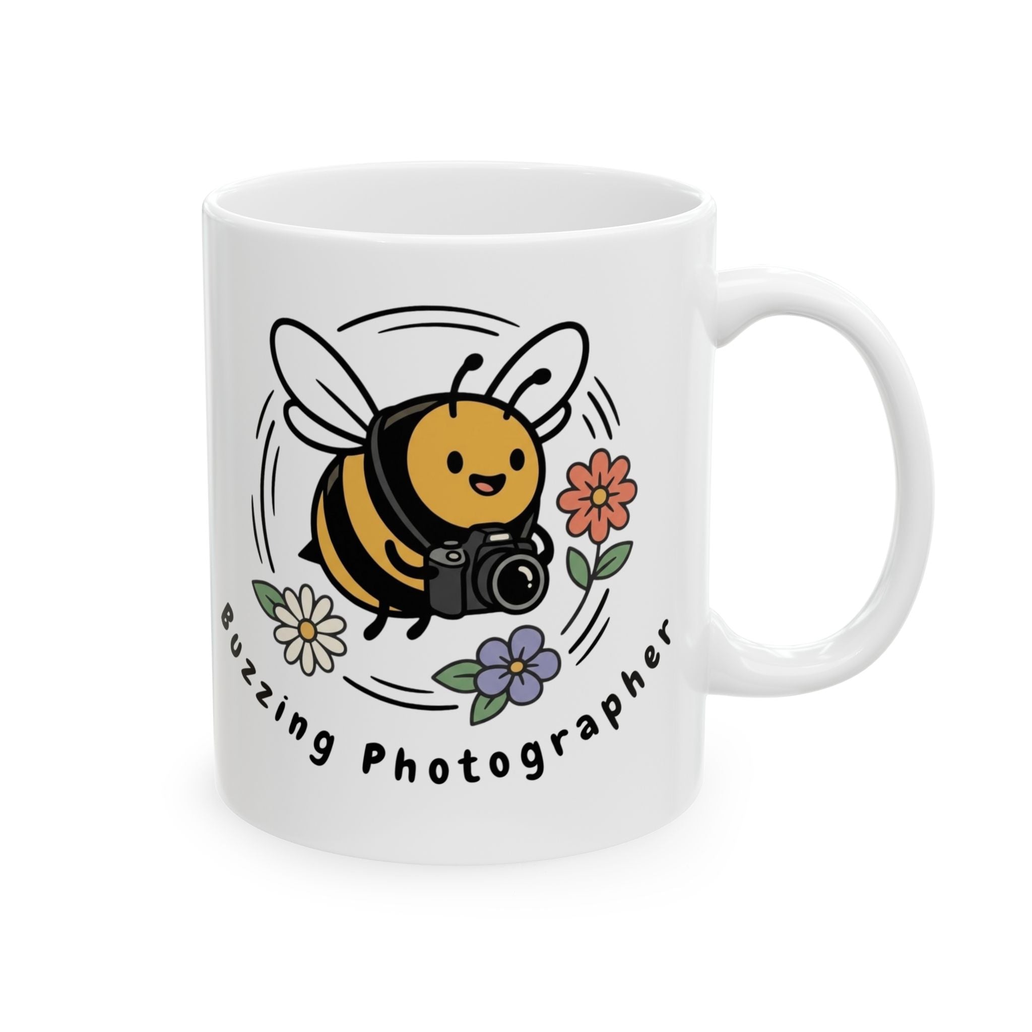 Buzzing Photographer Ceramic Mug – Cute Bee Camera Design (11oz & 15oz)