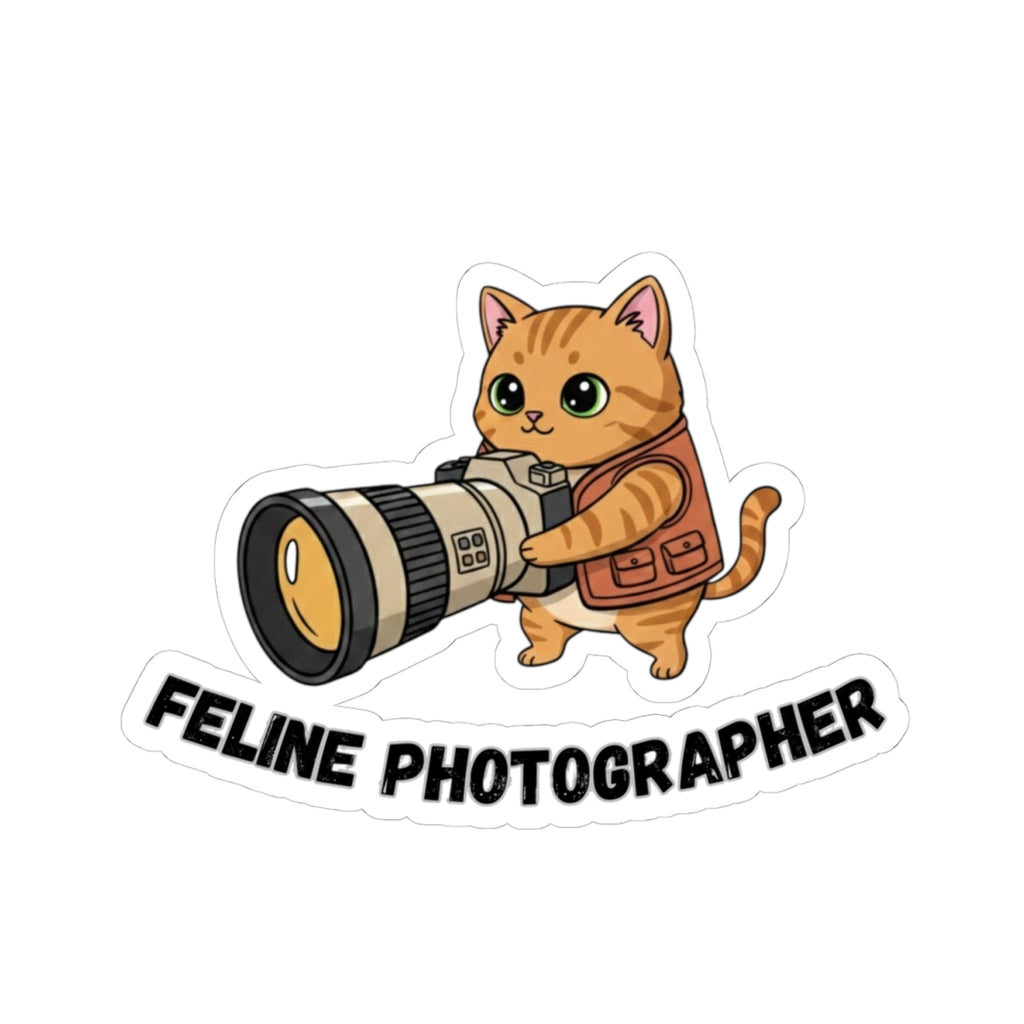 Feline Photographer Sticker — Cute Cat with Camera Kiss-Cut Vinyl Sticker