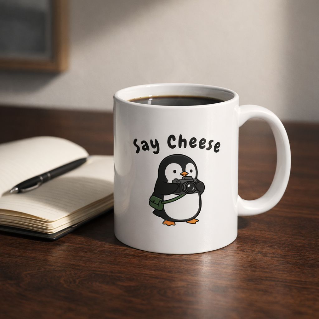 Say Cheese Penguin Ceramic Mug, (11oz, 15oz)