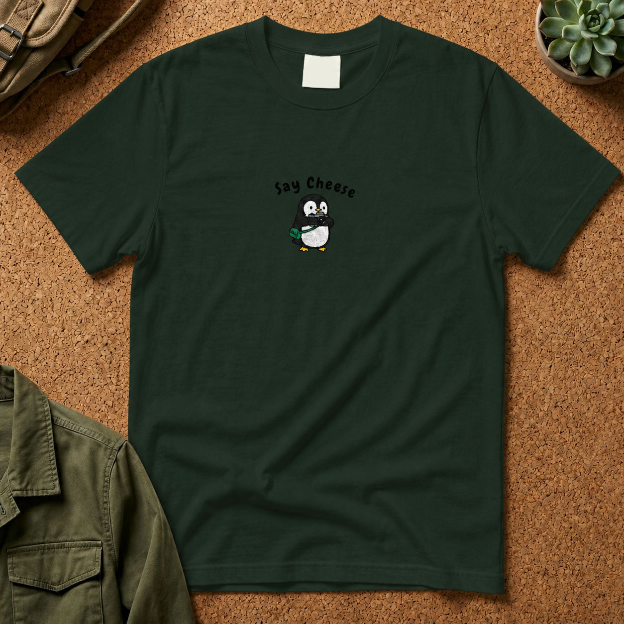 Say Cheese Penguin Embroidery T-Shirt