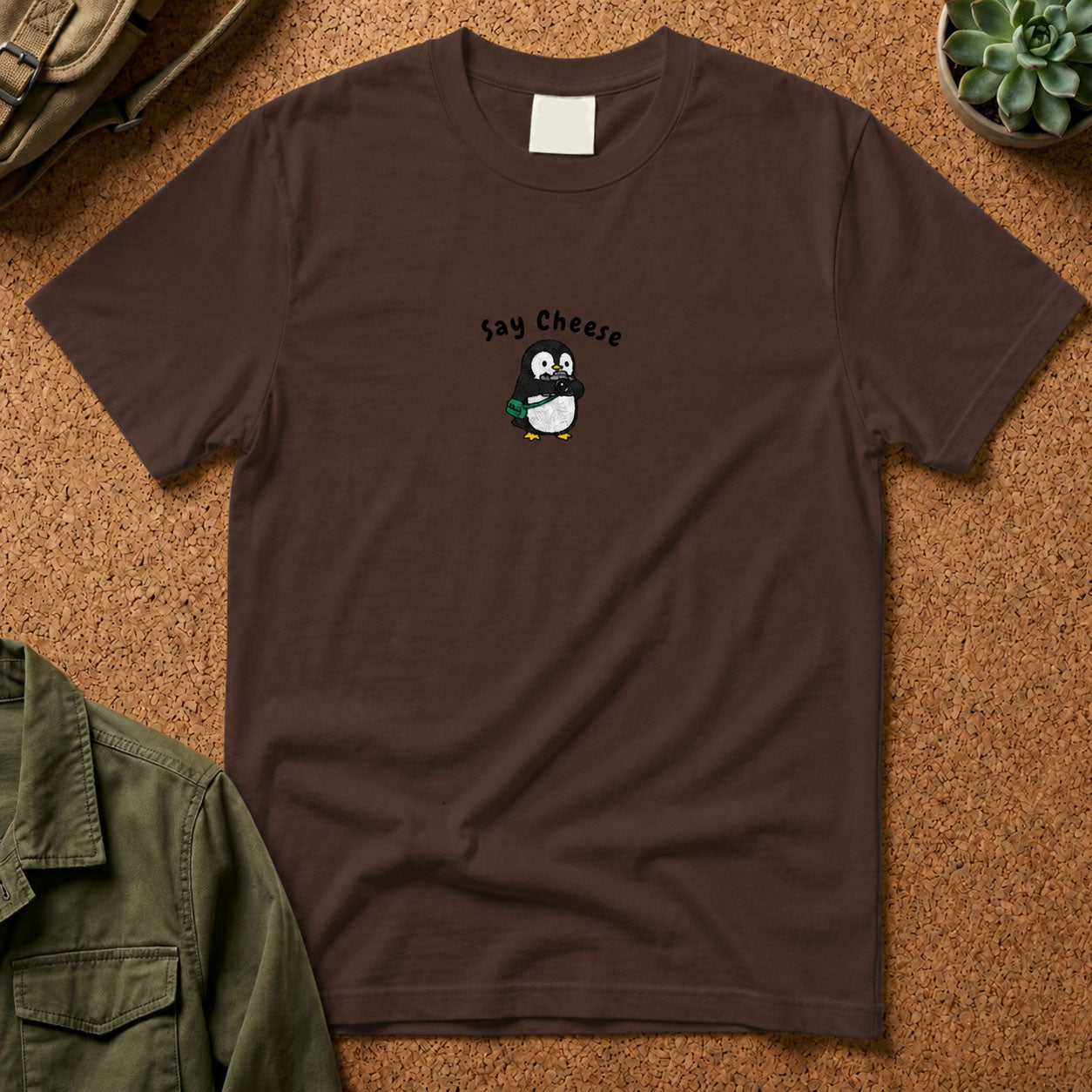 Say Cheese Penguin Embroidery T-Shirt