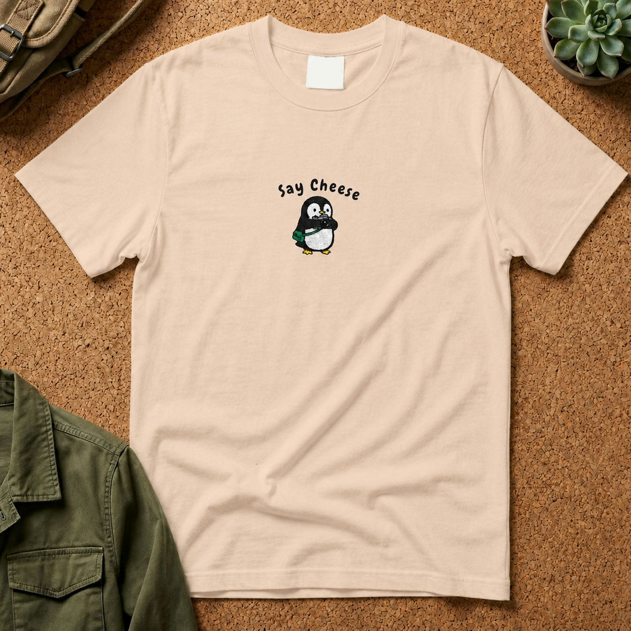 Say Cheese Penguin Embroidery T-Shirt
