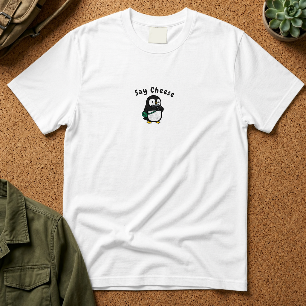 Say Cheese Penguin Embroidery T-Shirt