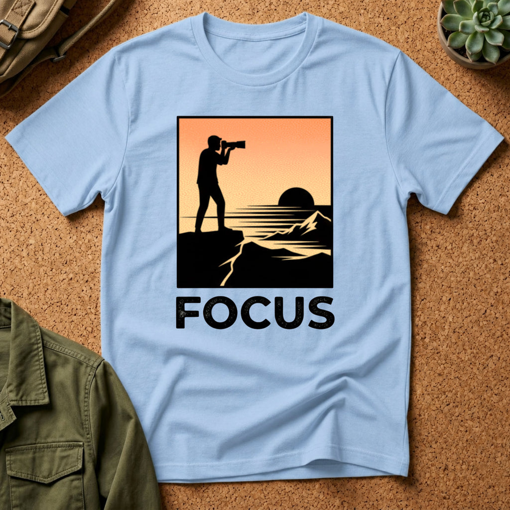 Photographer Sunset T-Shirt — 'FOCUS' Graphic Tee for Photographers & Creatives
