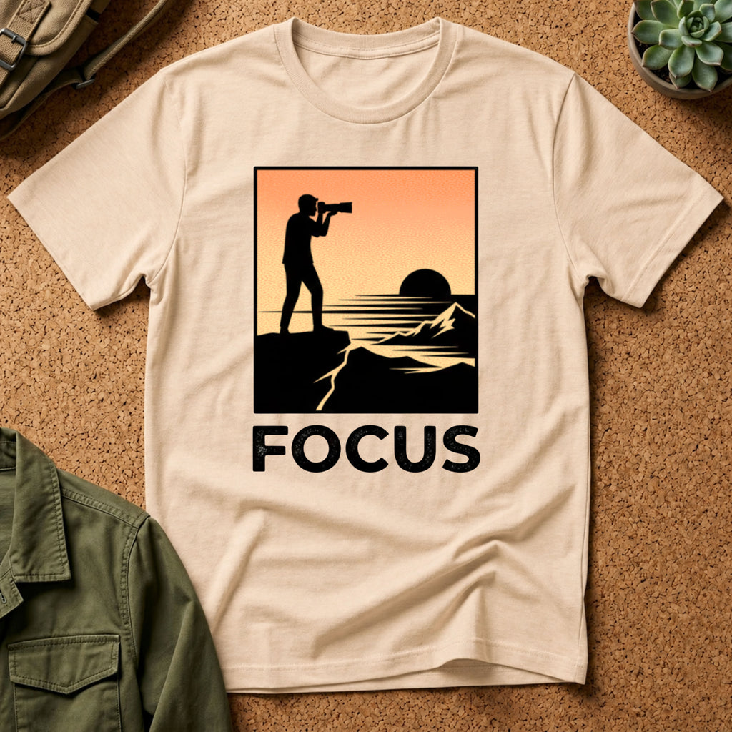 Photographer Sunset T-Shirt — 'FOCUS' Graphic Tee for Photographers & Creatives
