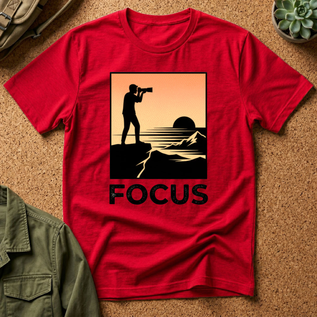 Photographer Sunset T-Shirt — 'FOCUS' Graphic Tee for Photographers & Creatives