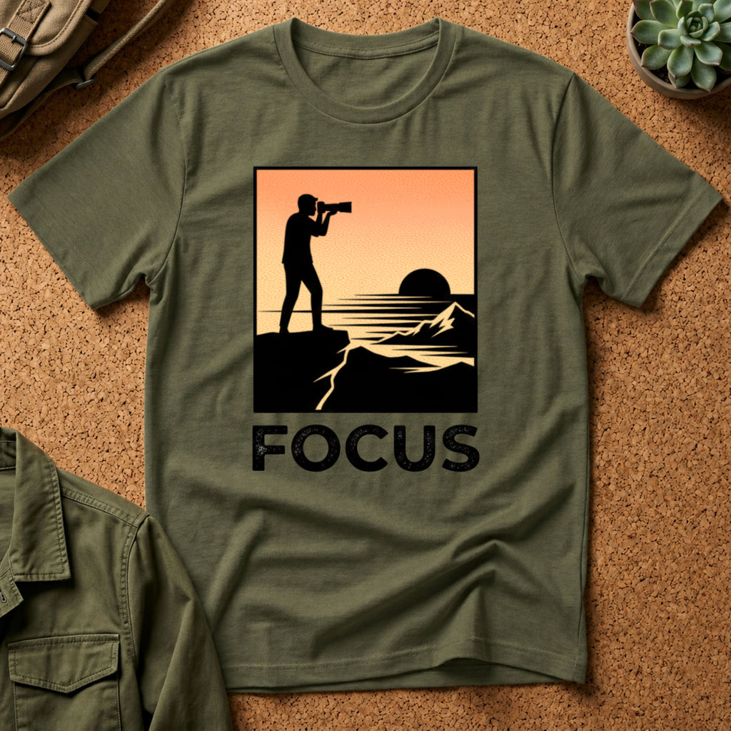 Photographer Sunset T-Shirt — 'FOCUS' Graphic Tee for Photographers & Creatives