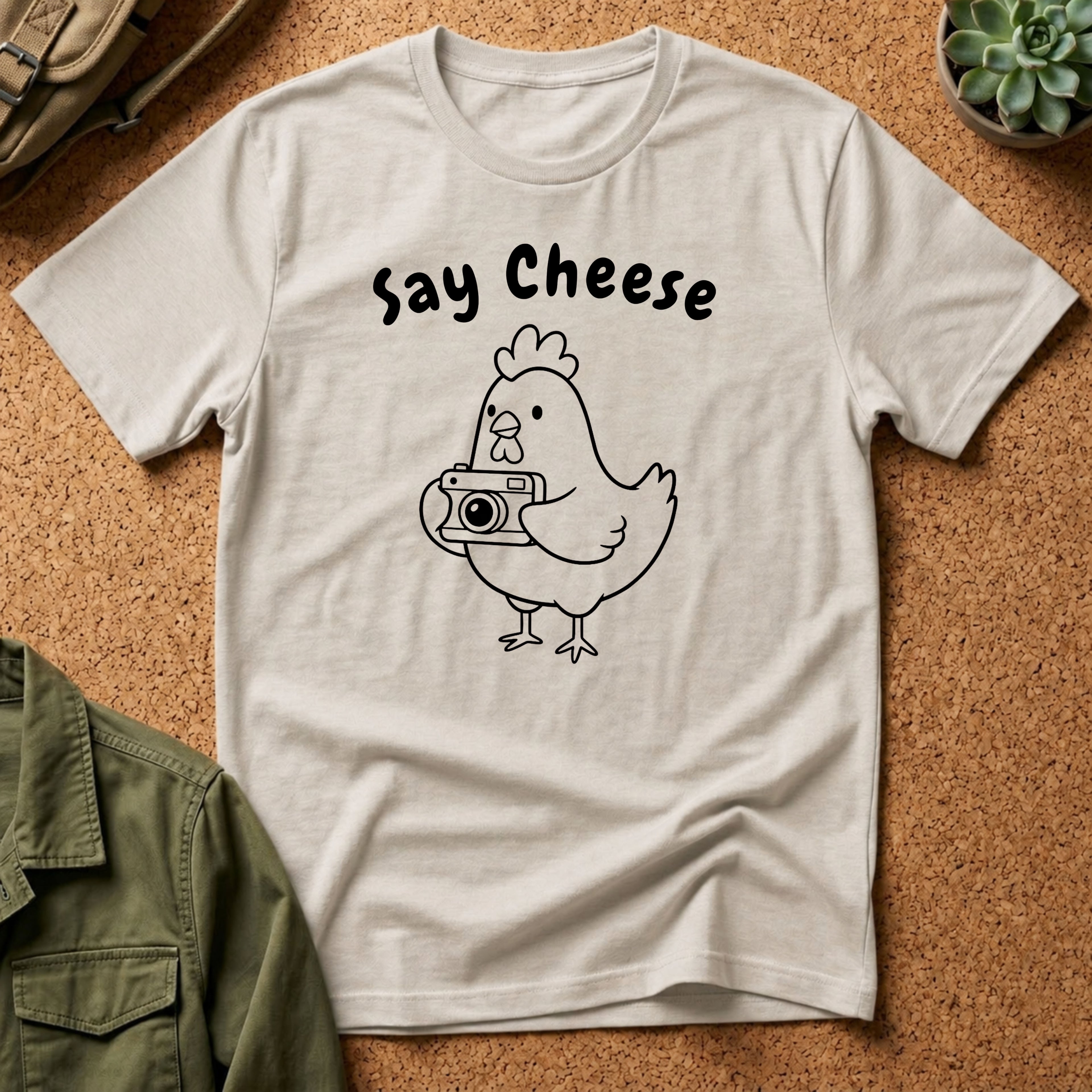 Say Cheese Chicken T-Shirt — Cute Hen Photo Camera Graphic Tee