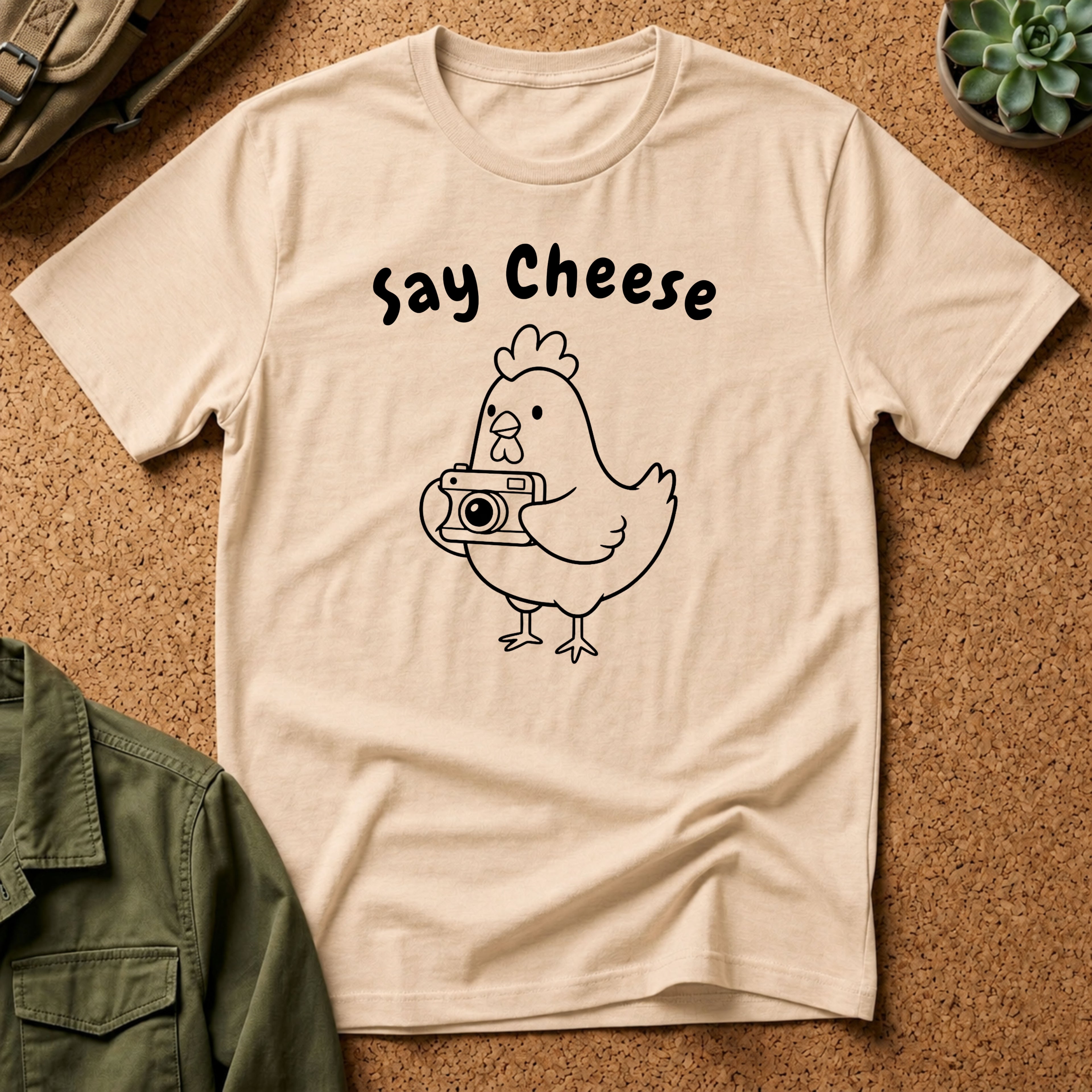 Say Cheese Chicken T-Shirt — Cute Hen Photo Camera Graphic Tee