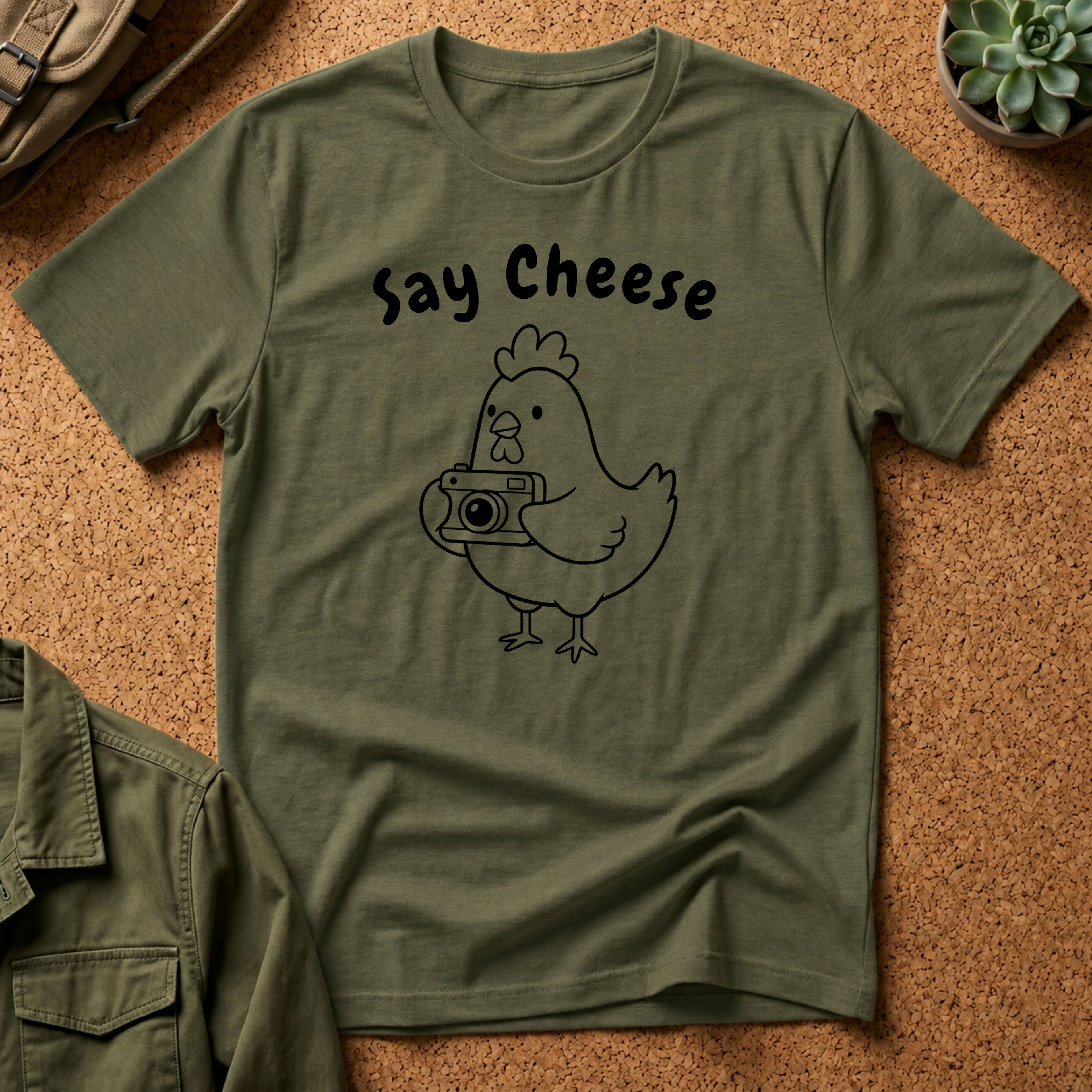 Say Cheese Chicken T-Shirt — Cute Hen Photo Camera Graphic Tee
