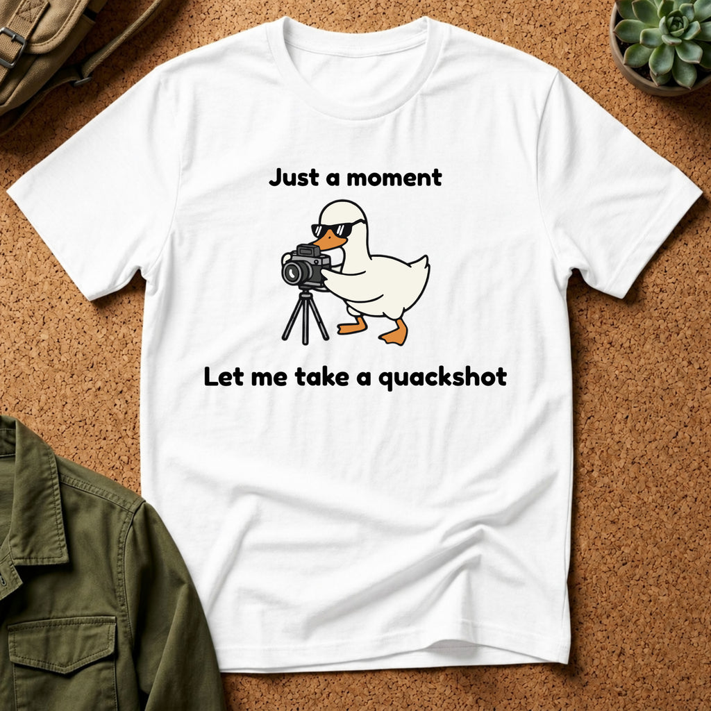 Duck Photographer T‑Shirt — "Just a moment, let me take a quackshot" Cute Animal Photography Tee