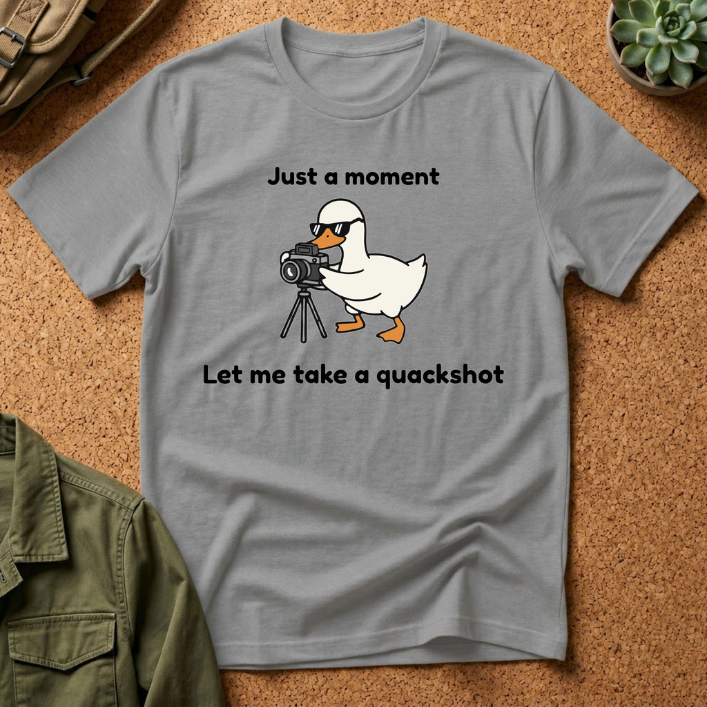 Duck Photographer T‑Shirt — "Just a moment, let me take a quackshot" Cute Animal Photography Tee