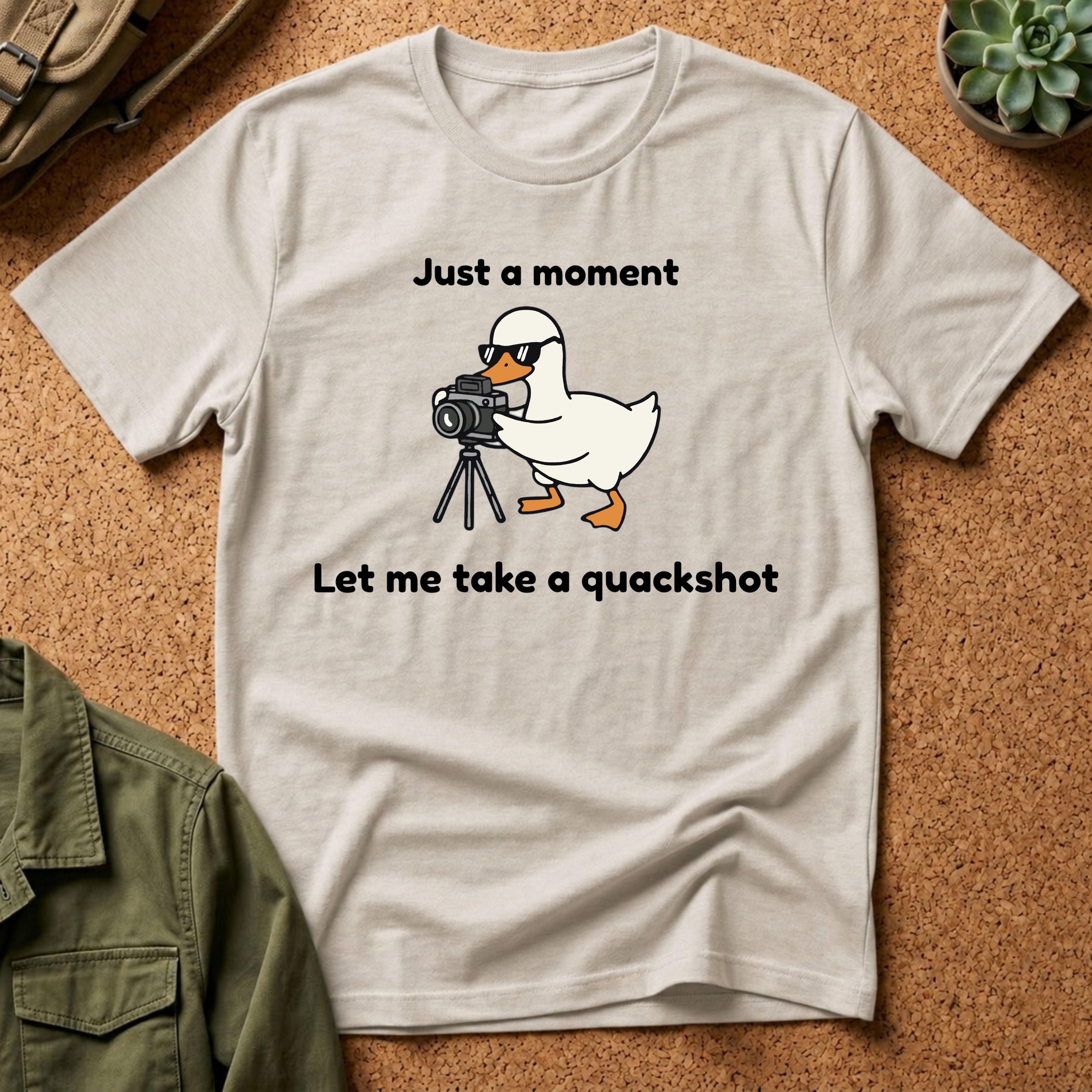 Duck Photographer T‑Shirt — "Just a moment, let me take a quackshot" Cute Animal Photography Tee