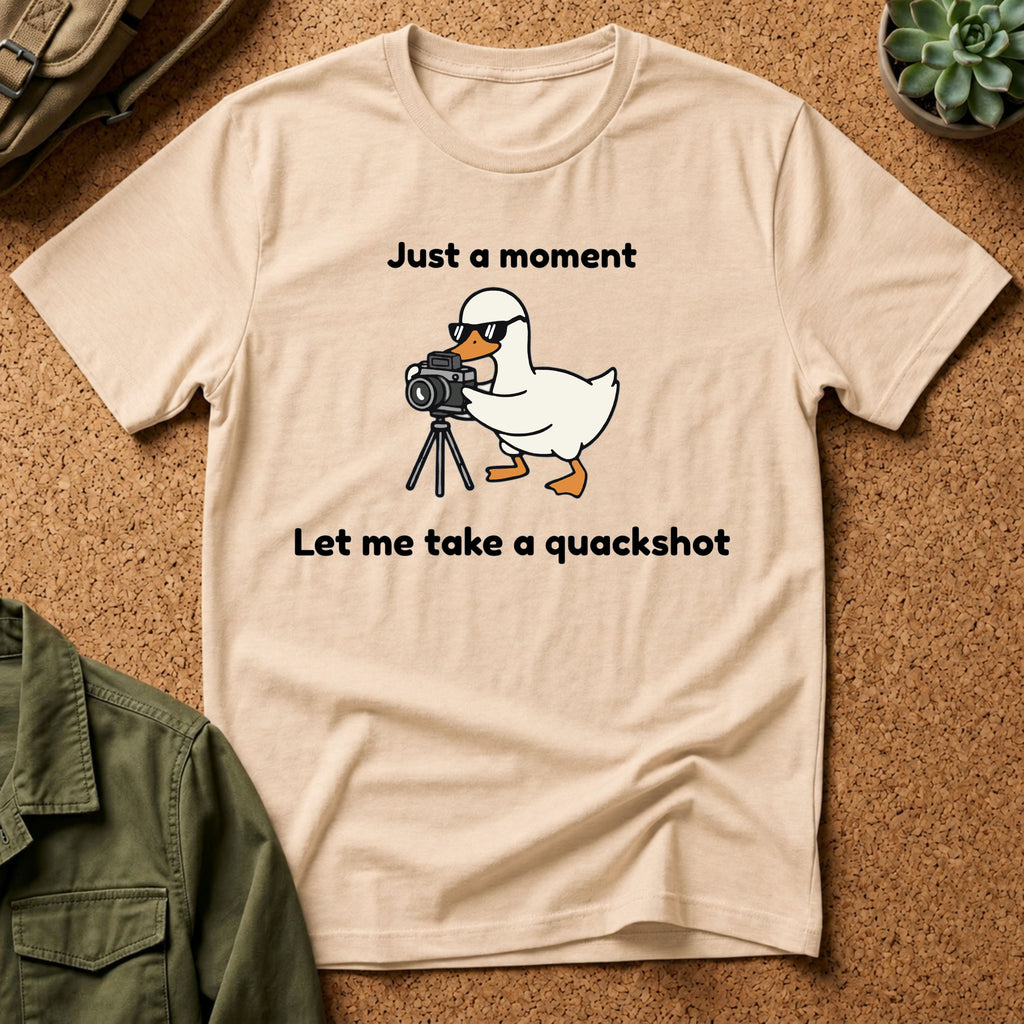 Duck Photographer T‑Shirt — "Just a moment, let me take a quackshot" Cute Animal Photography Tee