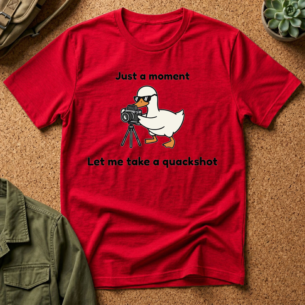 Duck Photographer T‑Shirt — "Just a moment, let me take a quackshot" Cute Animal Photography Tee