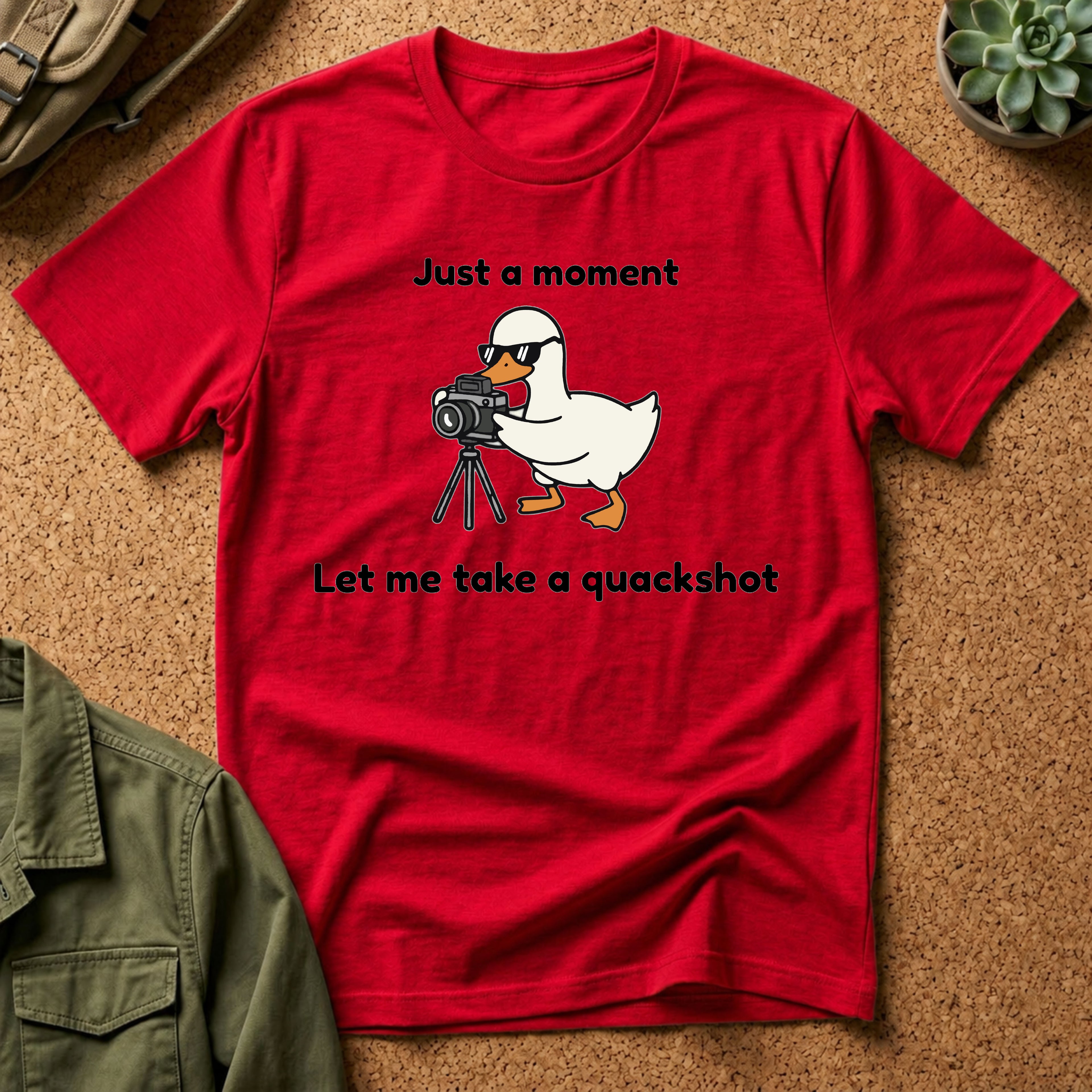 Duck Photographer T‑Shirt — "Just a moment, let me take a quackshot" Cute Animal Photography Tee