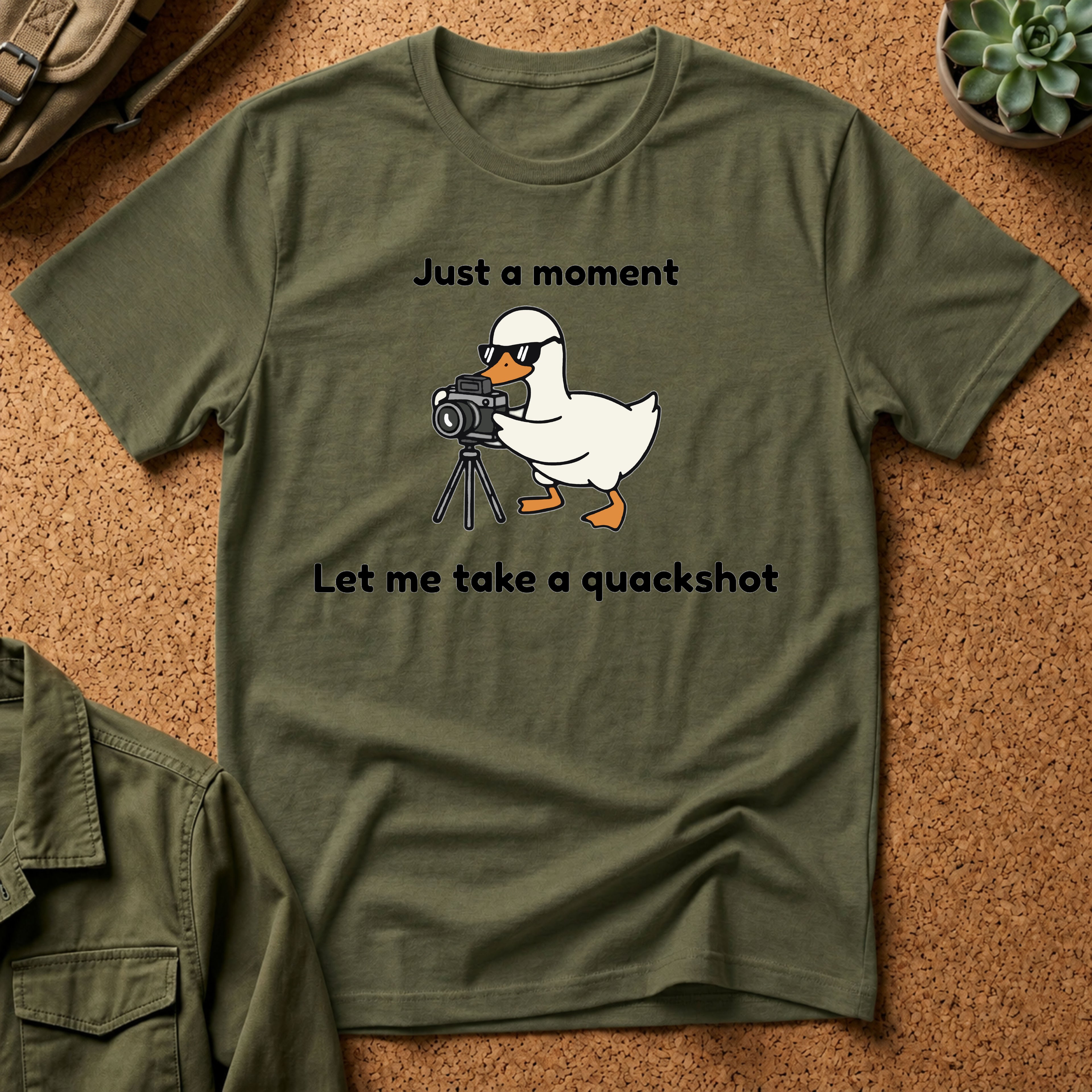 Duck Photographer T‑Shirt — "Just a moment, let me take a quackshot" Cute Animal Photography Tee