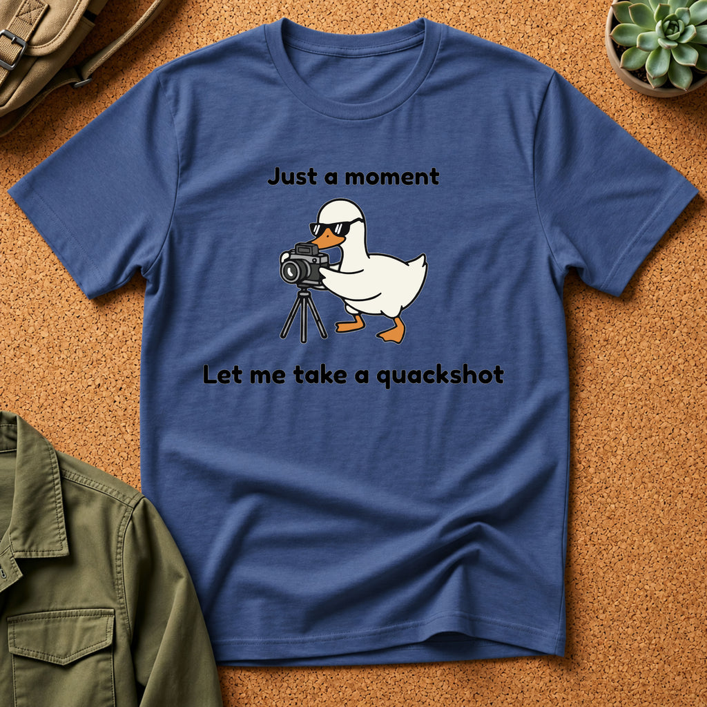 Duck Photographer T‑Shirt — "Just a moment, let me take a quackshot" Cute Animal Photography Tee