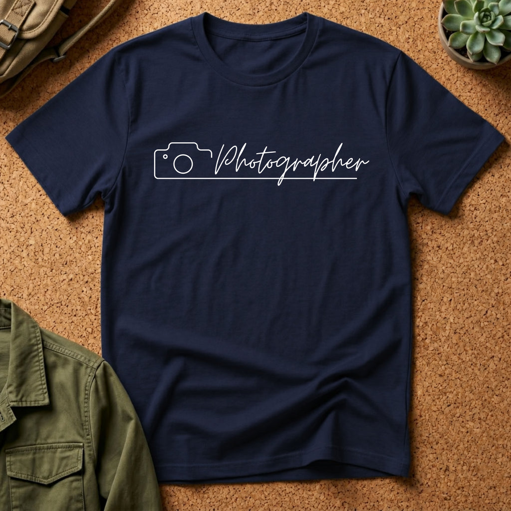 Photographer Script Camera T‑Shirt — Minimal Photography Tee for Photographers & Photo Lovers