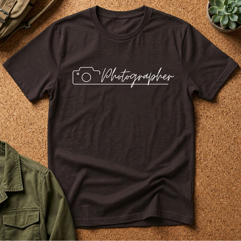 Photographer Script Camera T‑Shirt — Minimal Photography Tee for Photographers & Photo Lovers
