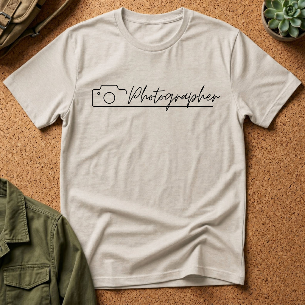 Photographer Script Camera T‑Shirt — Minimal Photography Tee for Photographers & Photo Lovers