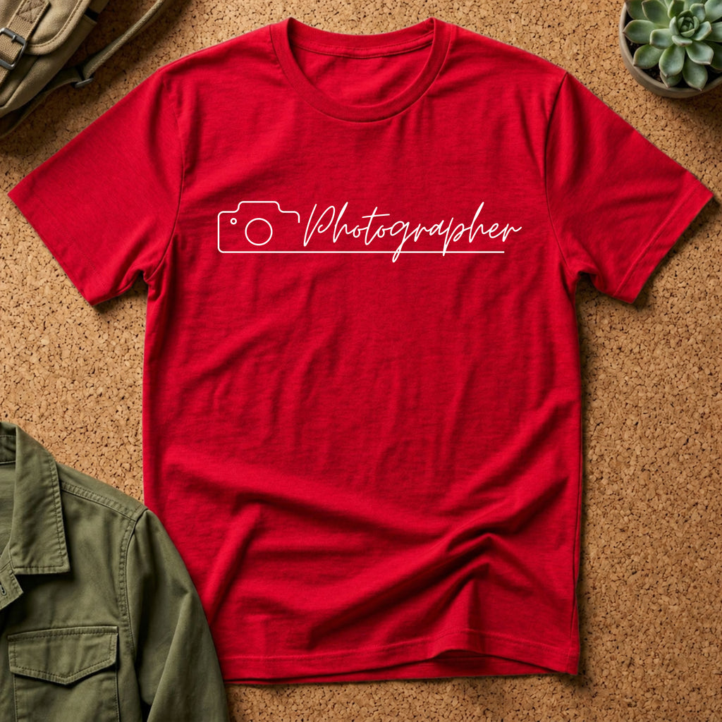 Photographer Script Camera T‑Shirt — Minimal Photography Tee for Photographers & Photo Lovers