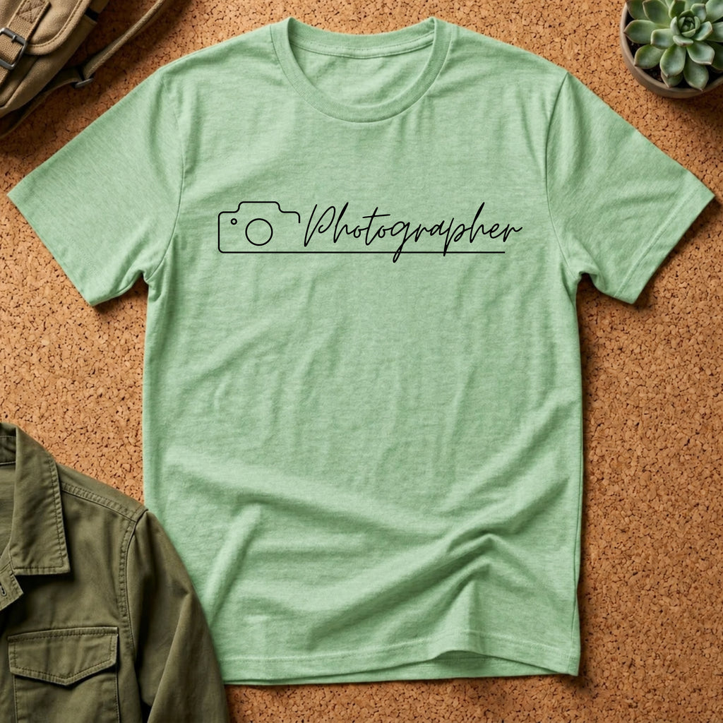 Photographer Script Camera T‑Shirt — Minimal Photography Tee for Photographers & Photo Lovers