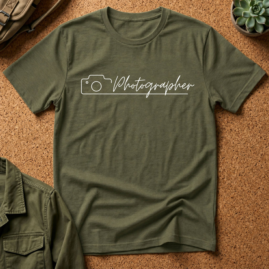Photographer Script Camera T‑Shirt — Minimal Photography Tee for Photographers & Photo Lovers