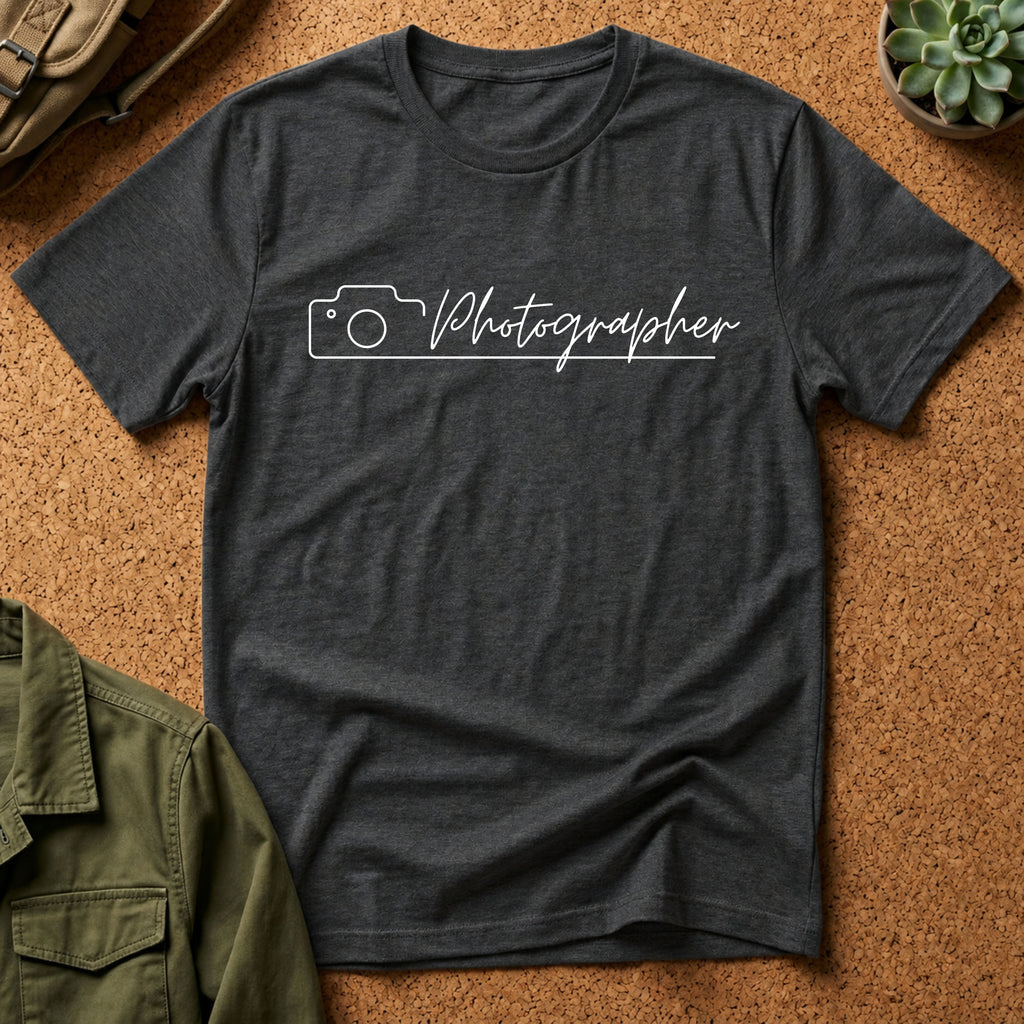 Photographer Script Camera T‑Shirt — Minimal Photography Tee for Photographers & Photo Lovers