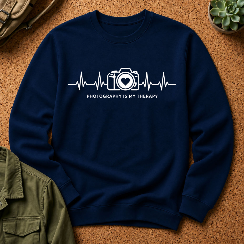 Photography Is Therapy Sweatshirt — Camera Heartbeat Graphic Crewneck