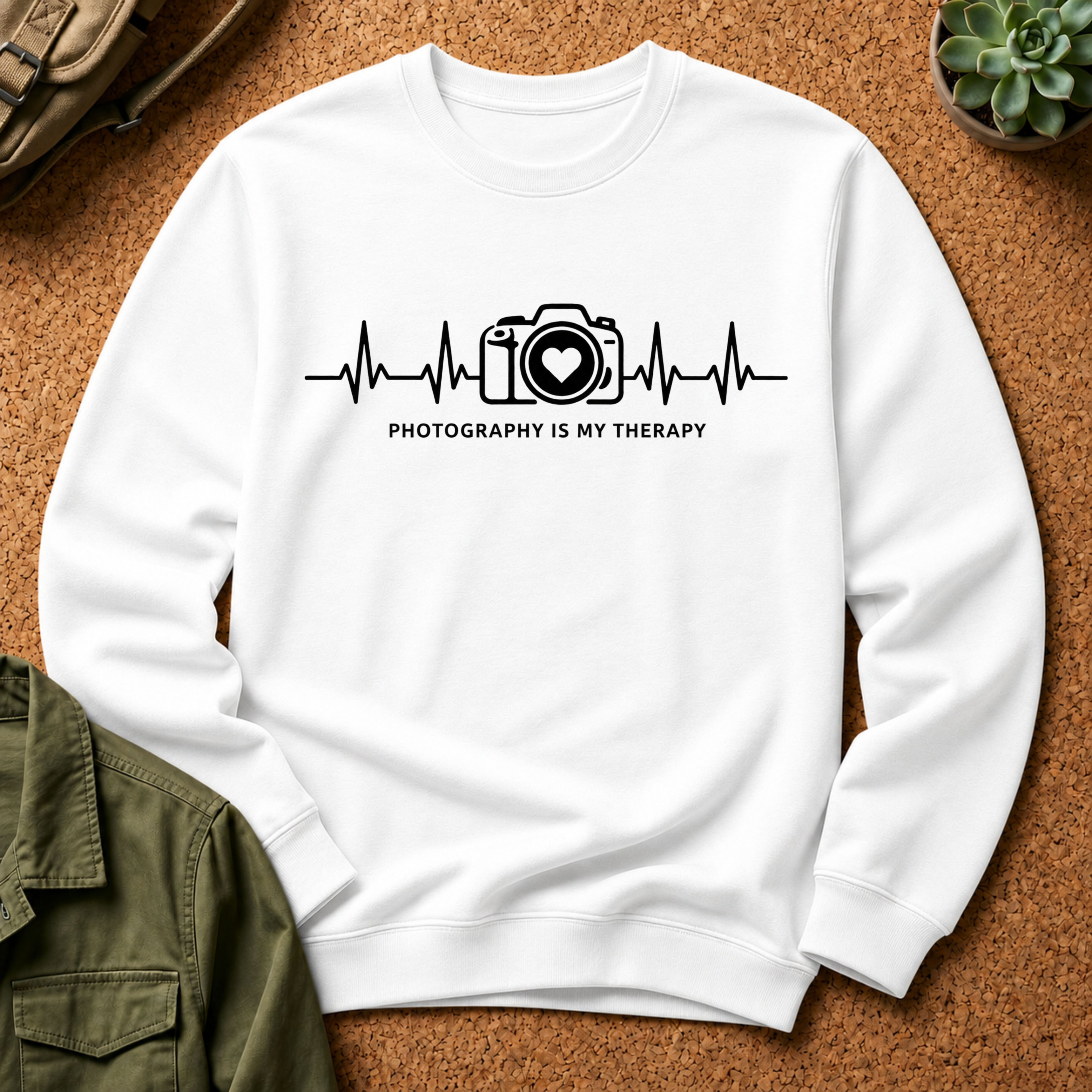 Photography Is Therapy Sweatshirt — Camera Heartbeat Graphic Crewneck
