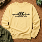 Photography Is Therapy Sweatshirt — Camera Heartbeat Graphic Crewneck