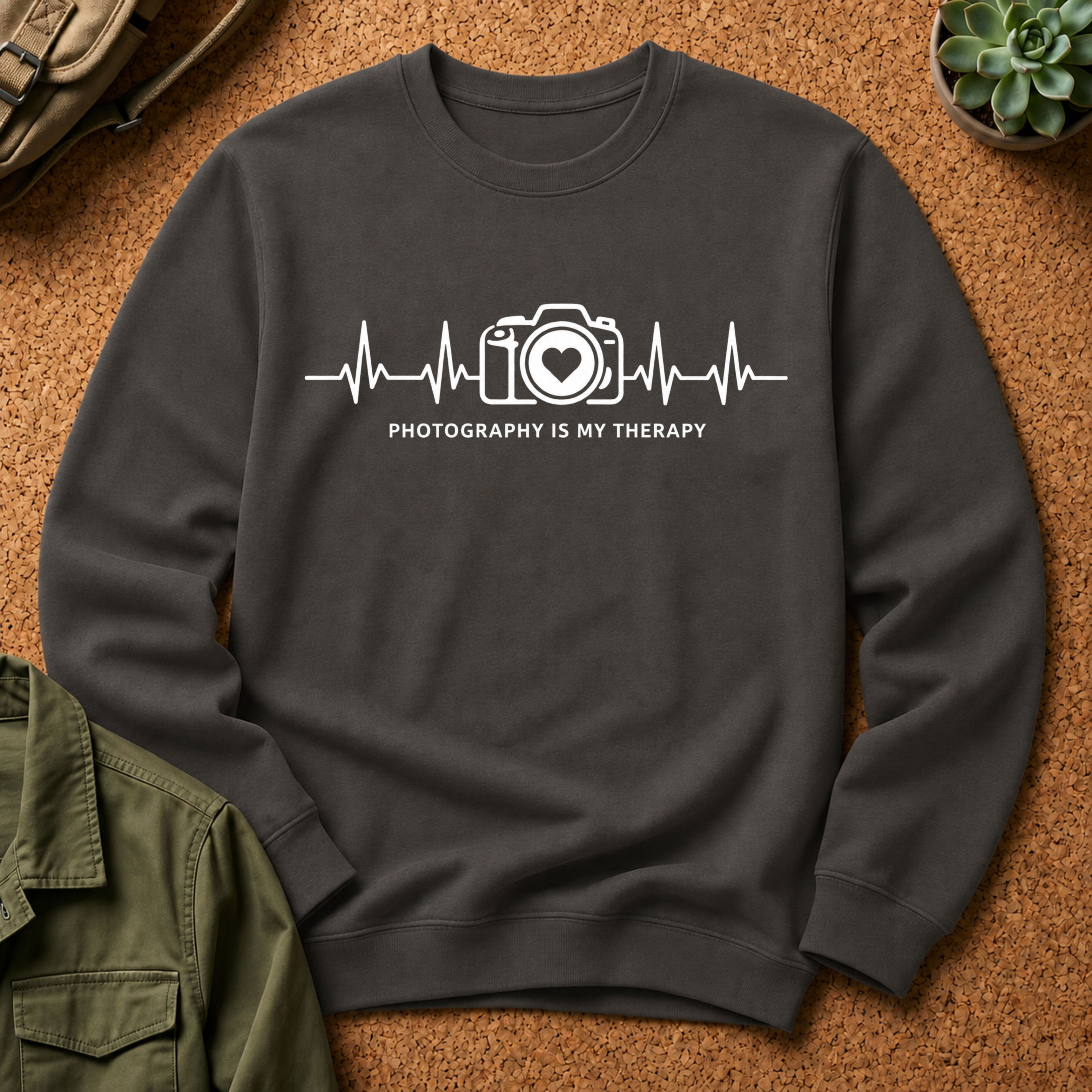 Photography Is Therapy Sweatshirt — Camera Heartbeat Graphic Crewneck