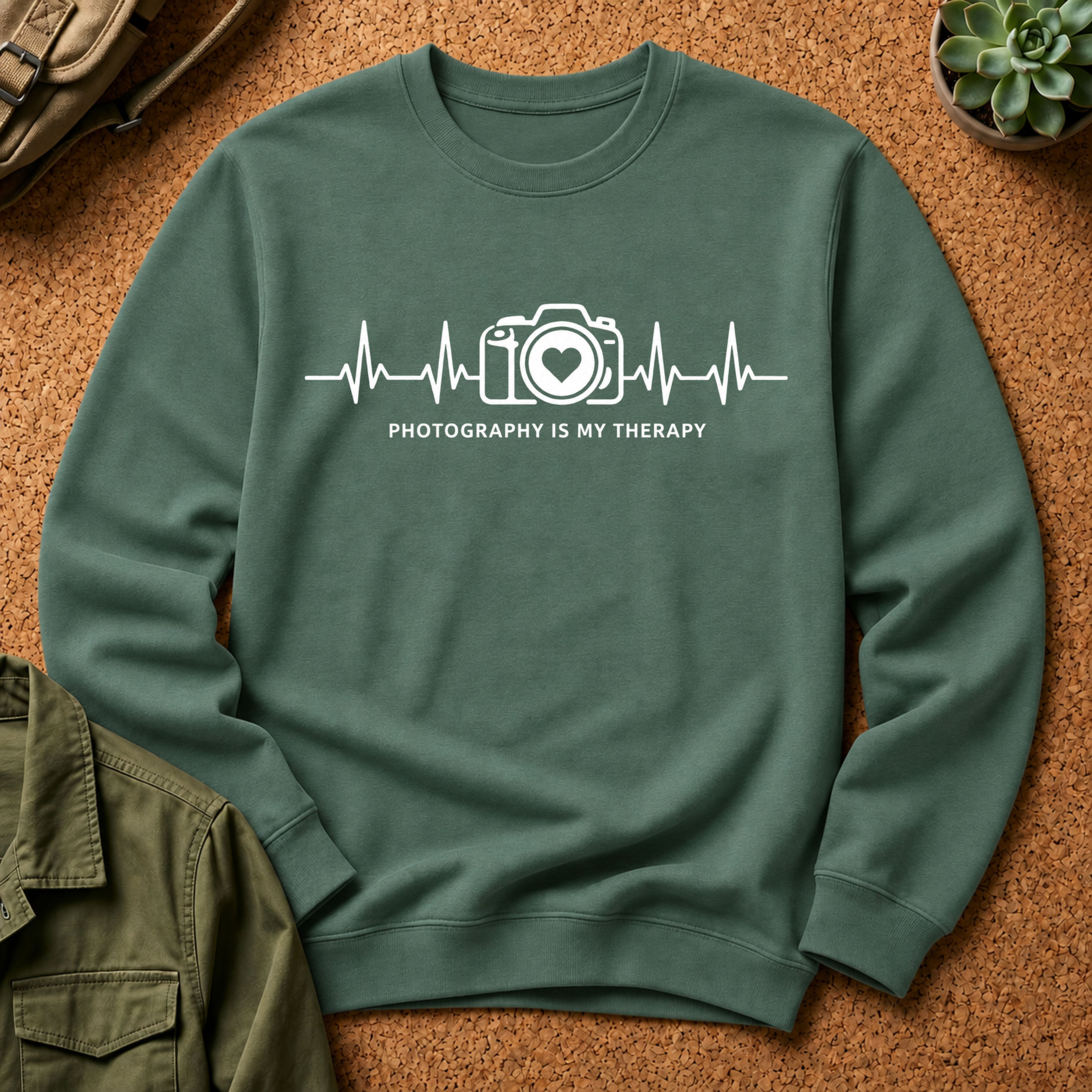 Photography Is Therapy Sweatshirt — Camera Heartbeat Graphic Crewneck