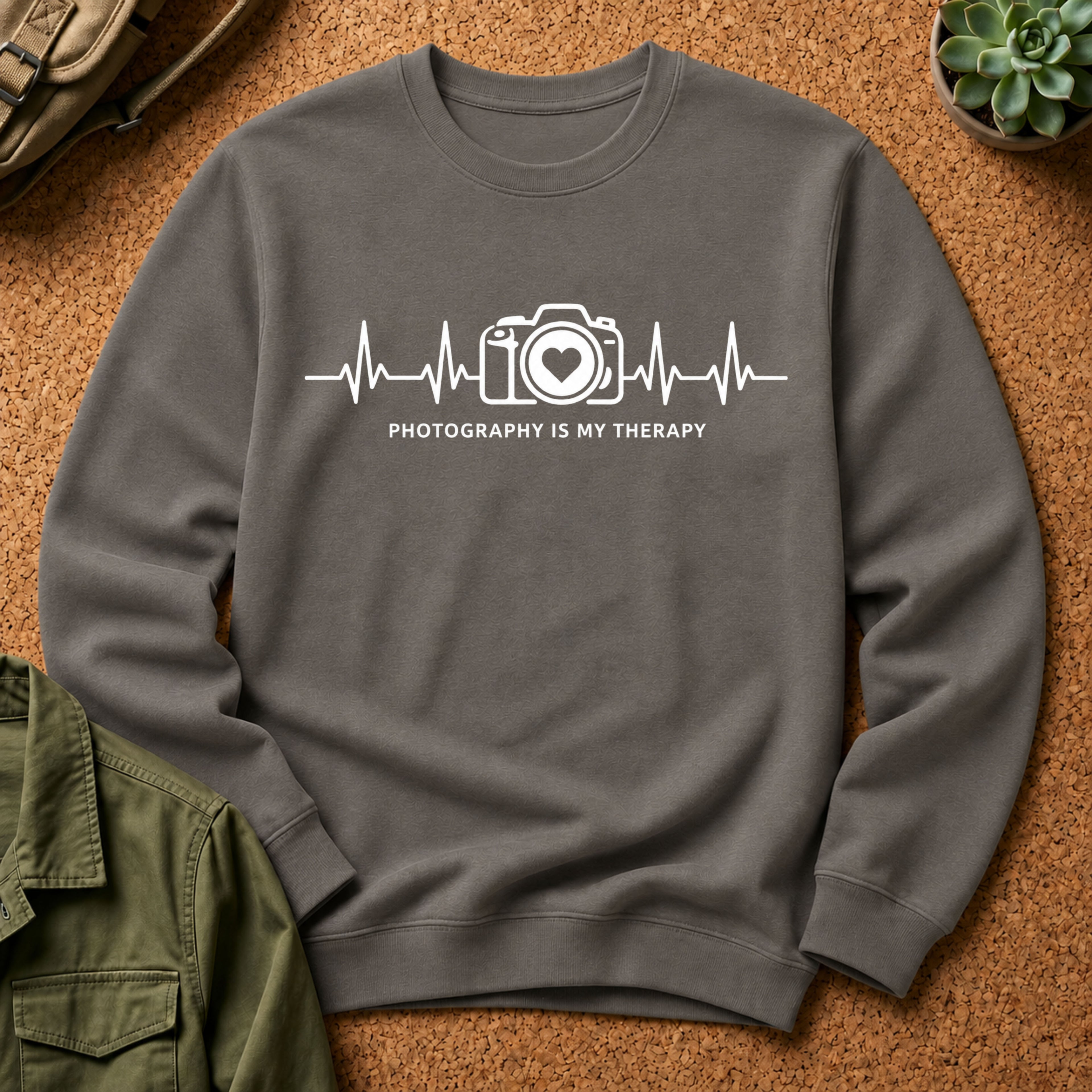 Photography Is Therapy Sweatshirt — Camera Heartbeat Graphic Crewneck