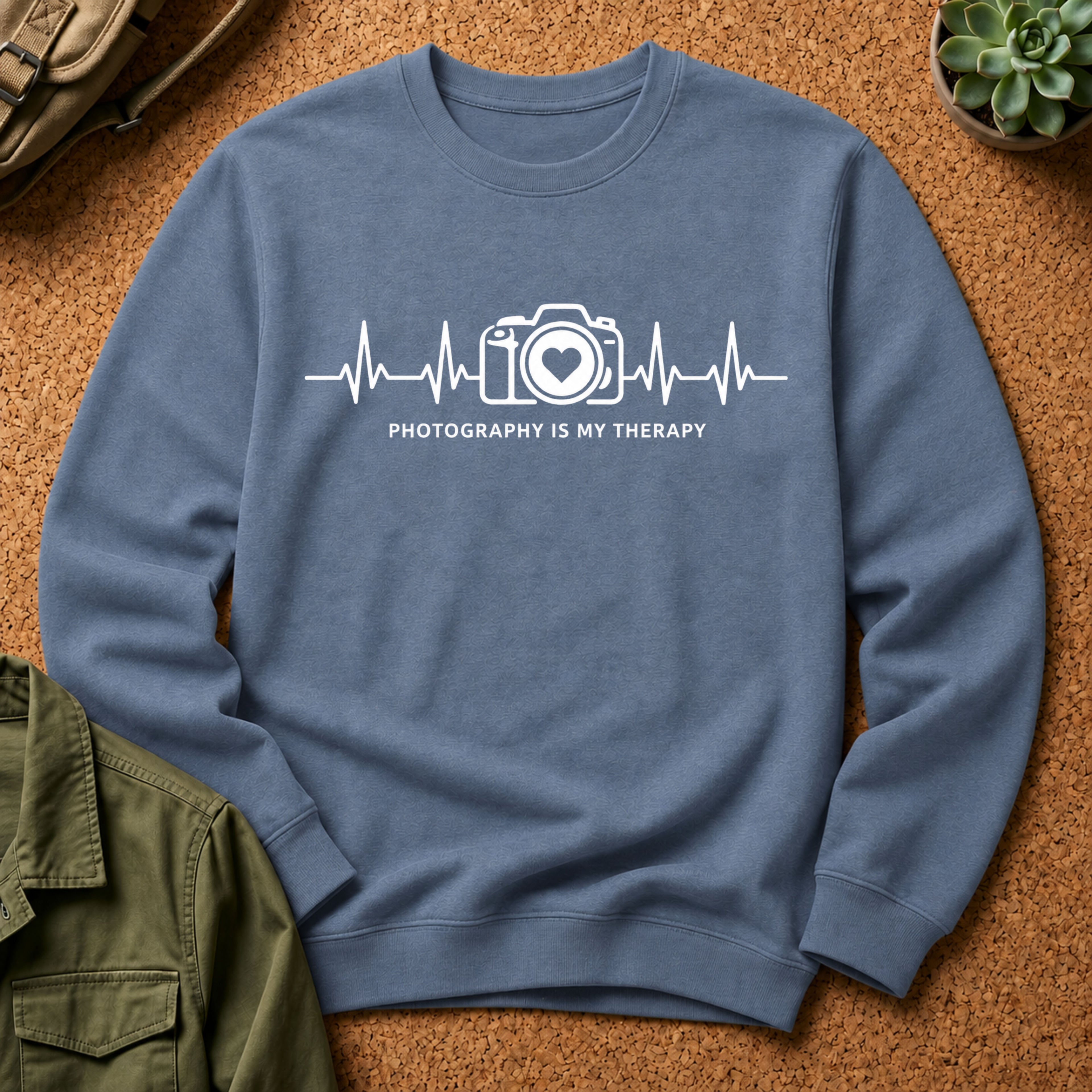 Photography Is Therapy Sweatshirt — Camera Heartbeat Graphic Crewneck