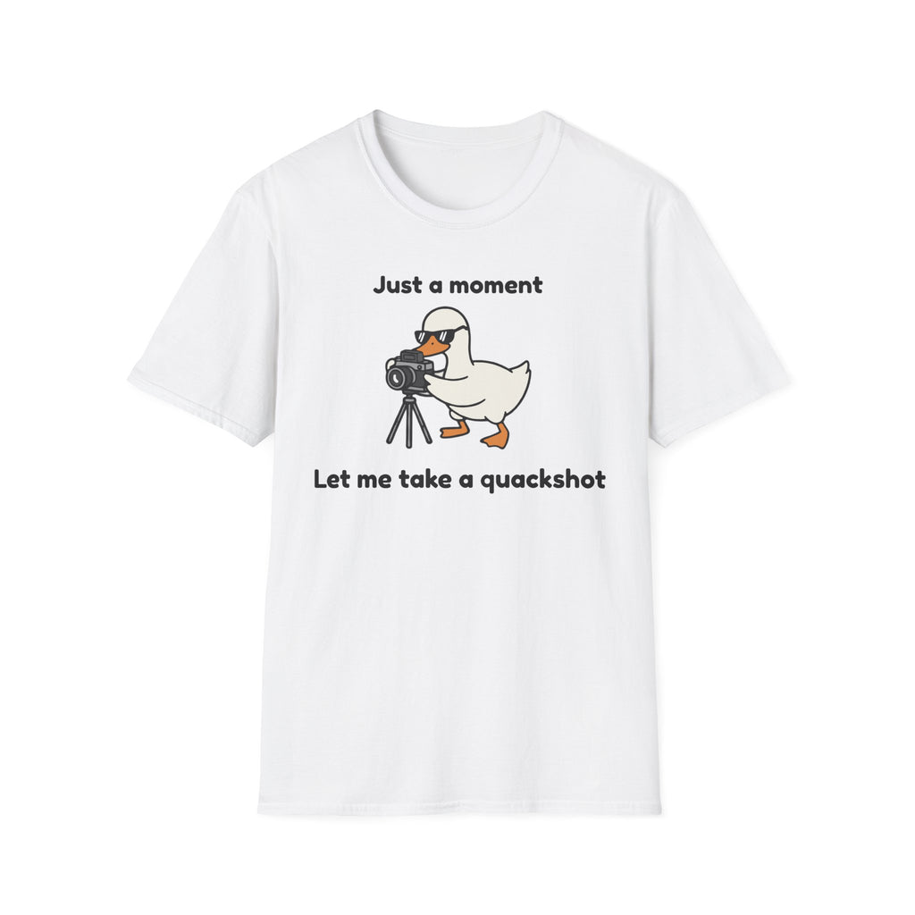 Duck Photographer T‑Shirt — "Just a moment, let me take a quackshot" Cute Animal Photography Tee
