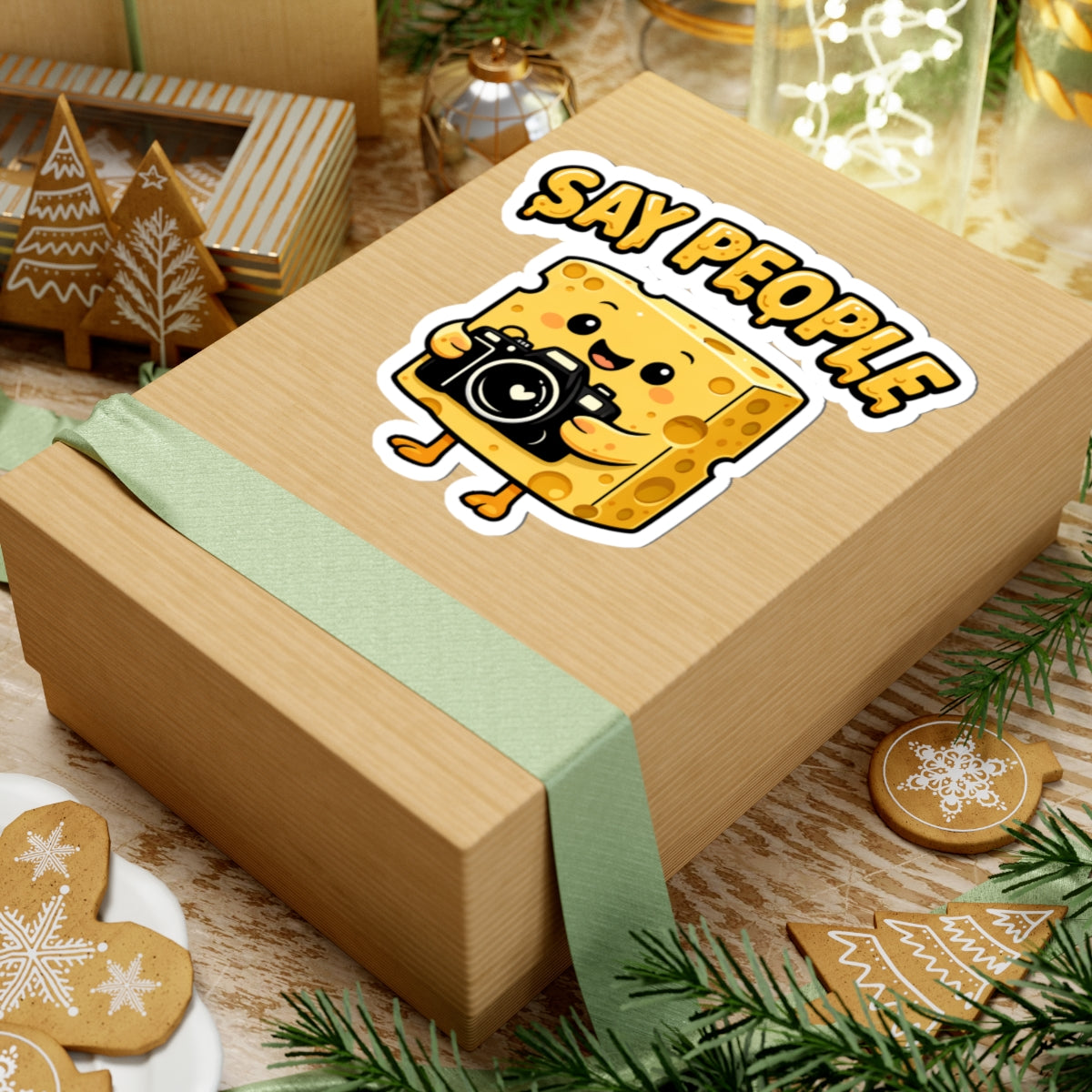 Say People Cheese Camera Sticker — Cute Cheese Character Kiss-Cut Sticker