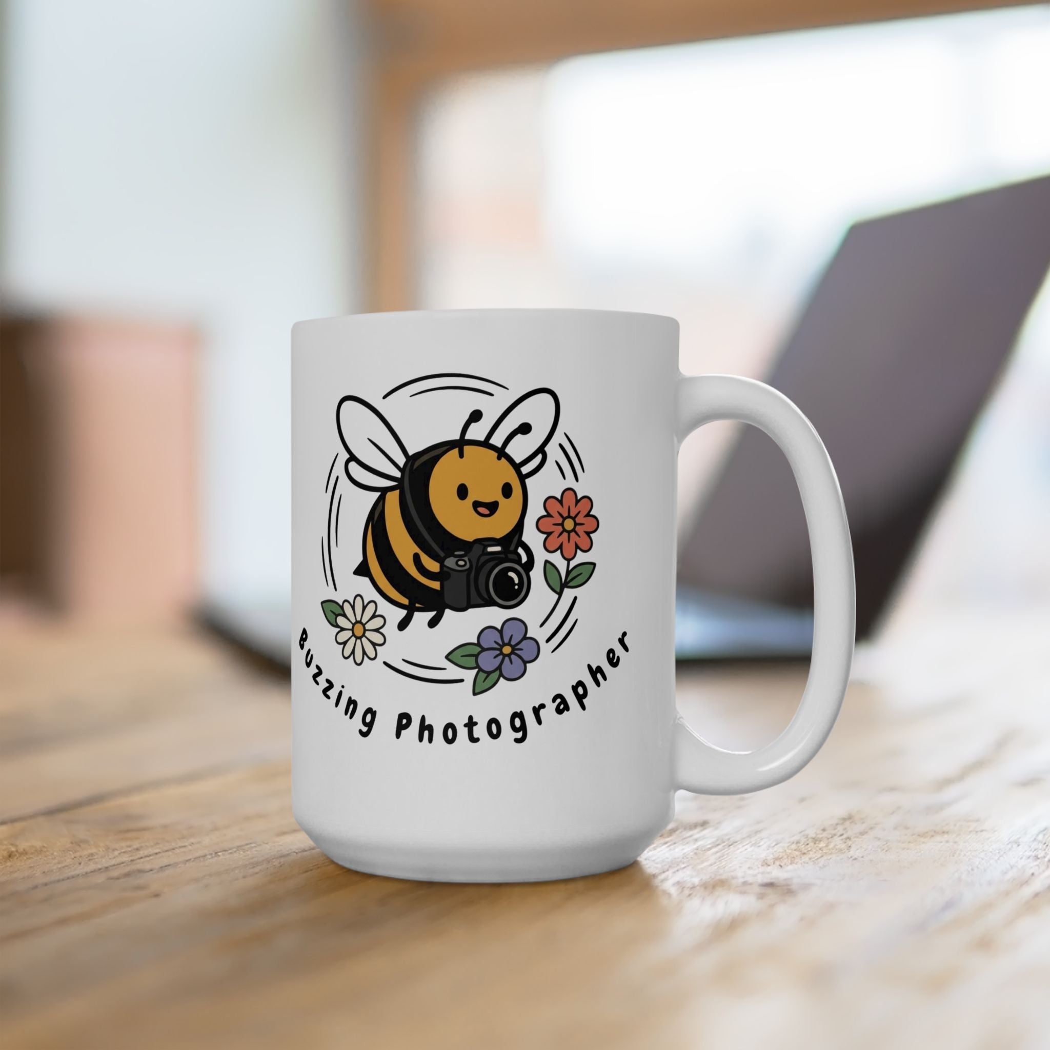 Buzzing Photographer Ceramic Mug – Cute Bee Camera Design (11oz & 15oz)
