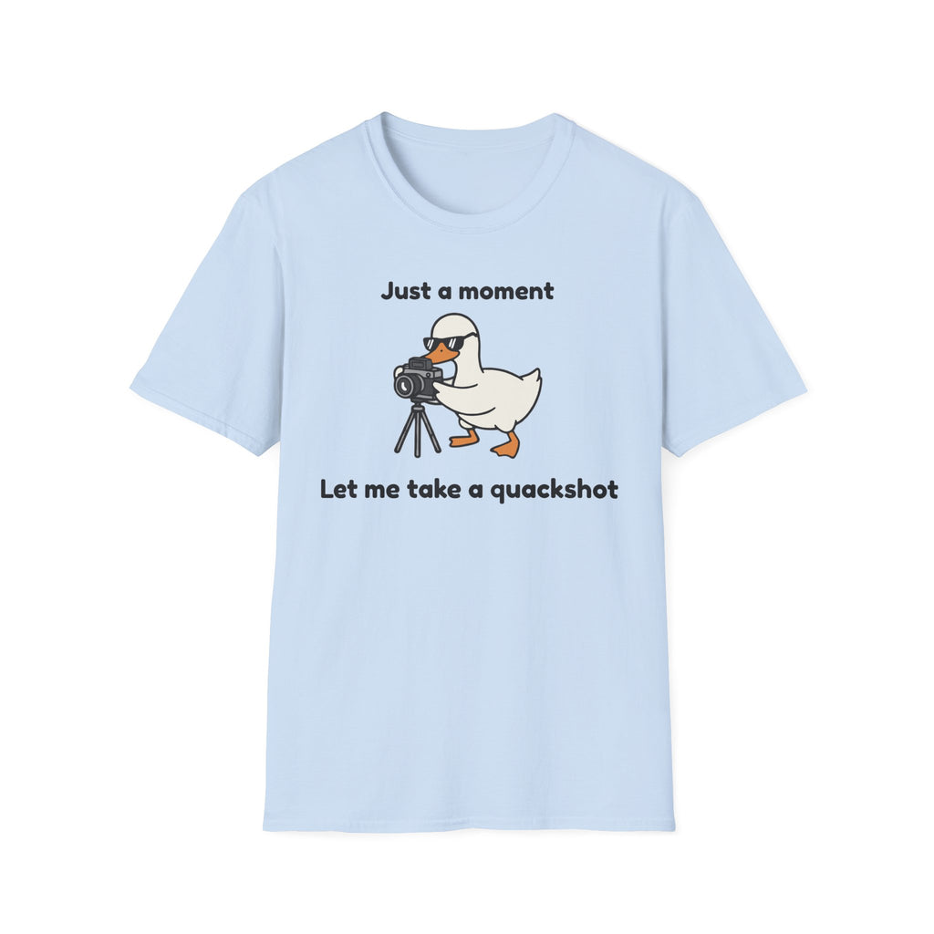 Duck Photographer T‑Shirt — "Just a moment, let me take a quackshot" Cute Animal Photography Tee